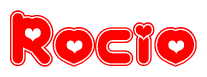 The image is a clipart featuring the word Rocio written in a stylized font with a heart shape replacing inserted into the center of each letter. The color scheme of the text and hearts is red with a light outline.