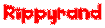 The image is a red and white graphic with the word Rippyrand written in a decorative script. Each letter in  is contained within its own outlined bubble-like shape. Inside each letter, there is a white heart symbol.