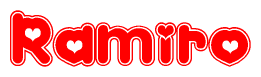 The image is a clipart featuring the word Ramiro written in a stylized font with a heart shape replacing inserted into the center of each letter. The color scheme of the text and hearts is red with a light outline.