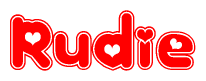 The image is a red and white graphic with the word Rudie written in a decorative script. Each letter in  is contained within its own outlined bubble-like shape. Inside each letter, there is a white heart symbol.