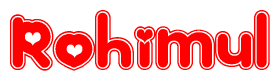 The image is a red and white graphic with the word Rohimul written in a decorative script. Each letter in  is contained within its own outlined bubble-like shape. Inside each letter, there is a white heart symbol.