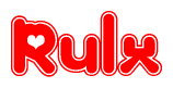 The image displays the word Rulx written in a stylized red font with hearts inside the letters.
