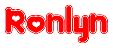 The image is a clipart featuring the word Ronlyn written in a stylized font with a heart shape replacing inserted into the center of each letter. The color scheme of the text and hearts is red with a light outline.