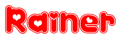 The image is a red and white graphic with the word Rainer written in a decorative script. Each letter in  is contained within its own outlined bubble-like shape. Inside each letter, there is a white heart symbol.