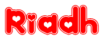 The image is a clipart featuring the word Riadh written in a stylized font with a heart shape replacing inserted into the center of each letter. The color scheme of the text and hearts is red with a light outline.