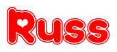 The image displays the word Russ written in a stylized red font with hearts inside the letters.