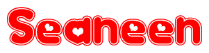 The image is a red and white graphic with the word Seaneen written in a decorative script. Each letter in  is contained within its own outlined bubble-like shape. Inside each letter, there is a white heart symbol.