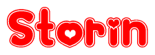 The image displays the word Storin written in a stylized red font with hearts inside the letters.