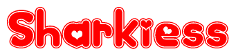 The image is a red and white graphic with the word Sharkiess written in a decorative script. Each letter in  is contained within its own outlined bubble-like shape. Inside each letter, there is a white heart symbol.