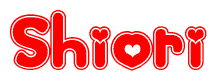The image is a clipart featuring the word Shiori written in a stylized font with a heart shape replacing inserted into the center of each letter. The color scheme of the text and hearts is red with a light outline.