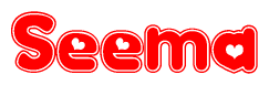 The image is a red and white graphic with the word Seema written in a decorative script. Each letter in  is contained within its own outlined bubble-like shape. Inside each letter, there is a white heart symbol.