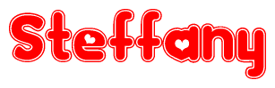 The image is a clipart featuring the word Steffany written in a stylized font with a heart shape replacing inserted into the center of each letter. The color scheme of the text and hearts is red with a light outline.