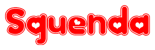 The image is a red and white graphic with the word Squenda written in a decorative script. Each letter in  is contained within its own outlined bubble-like shape. Inside each letter, there is a white heart symbol.