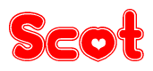The image is a red and white graphic with the word Scot written in a decorative script. Each letter in  is contained within its own outlined bubble-like shape. Inside each letter, there is a white heart symbol.