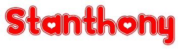 The image is a clipart featuring the word Stanthony written in a stylized font with a heart shape replacing inserted into the center of each letter. The color scheme of the text and hearts is red with a light outline.