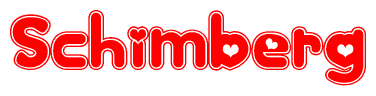 The image is a red and white graphic with the word Schimberg written in a decorative script. Each letter in  is contained within its own outlined bubble-like shape. Inside each letter, there is a white heart symbol.