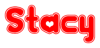 The image is a clipart featuring the word Stacy written in a stylized font with a heart shape replacing inserted into the center of each letter. The color scheme of the text and hearts is red with a light outline.
