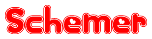 The image is a red and white graphic with the word Schemer written in a decorative script. Each letter in  is contained within its own outlined bubble-like shape. Inside each letter, there is a white heart symbol.