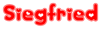 The image is a clipart featuring the word Siegfried written in a stylized font with a heart shape replacing inserted into the center of each letter. The color scheme of the text and hearts is red with a light outline.