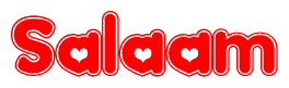 The image is a clipart featuring the word Salaam written in a stylized font with a heart shape replacing inserted into the center of each letter. The color scheme of the text and hearts is red with a light outline.