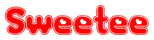 The image is a red and white graphic with the word Sweetee written in a decorative script. Each letter in  is contained within its own outlined bubble-like shape. Inside each letter, there is a white heart symbol.
