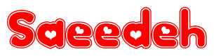 The image is a red and white graphic with the word Saeedeh written in a decorative script. Each letter in  is contained within its own outlined bubble-like shape. Inside each letter, there is a white heart symbol.