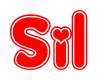 The image is a red and white graphic with the word Sil written in a decorative script. Each letter in  is contained within its own outlined bubble-like shape. Inside each letter, there is a white heart symbol.
