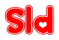 The image is a red and white graphic with the word Sld written in a decorative script. Each letter in  is contained within its own outlined bubble-like shape. Inside each letter, there is a white heart symbol.