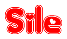 The image is a red and white graphic with the word Sile written in a decorative script. Each letter in  is contained within its own outlined bubble-like shape. Inside each letter, there is a white heart symbol.
