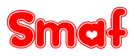 The image displays the word Smaf written in a stylized red font with hearts inside the letters.