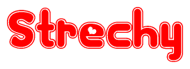 The image is a clipart featuring the word Strechy written in a stylized font with a heart shape replacing inserted into the center of each letter. The color scheme of the text and hearts is red with a light outline.
