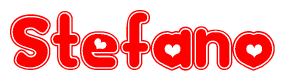 The image is a red and white graphic with the word Stefano written in a decorative script. Each letter in  is contained within its own outlined bubble-like shape. Inside each letter, there is a white heart symbol.