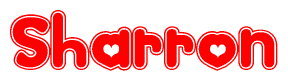 The image is a red and white graphic with the word Sharron written in a decorative script. Each letter in  is contained within its own outlined bubble-like shape. Inside each letter, there is a white heart symbol.