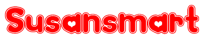 The image is a red and white graphic with the word Susansmart written in a decorative script. Each letter in  is contained within its own outlined bubble-like shape. Inside each letter, there is a white heart symbol.