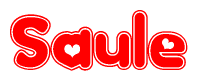 The image is a red and white graphic with the word Saule written in a decorative script. Each letter in  is contained within its own outlined bubble-like shape. Inside each letter, there is a white heart symbol.