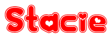 The image is a clipart featuring the word Stacie written in a stylized font with a heart shape replacing inserted into the center of each letter. The color scheme of the text and hearts is red with a light outline.