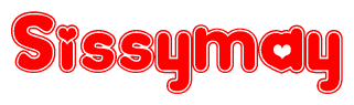The image is a red and white graphic with the word Sissymay written in a decorative script. Each letter in  is contained within its own outlined bubble-like shape. Inside each letter, there is a white heart symbol.