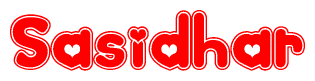 The image is a clipart featuring the word Sasidhar written in a stylized font with a heart shape replacing inserted into the center of each letter. The color scheme of the text and hearts is red with a light outline.