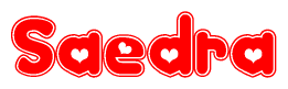 The image is a red and white graphic with the word Saedra written in a decorative script. Each letter in  is contained within its own outlined bubble-like shape. Inside each letter, there is a white heart symbol.