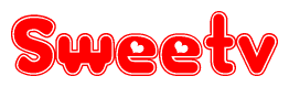 The image is a red and white graphic with the word Sweetv written in a decorative script. Each letter in  is contained within its own outlined bubble-like shape. Inside each letter, there is a white heart symbol.