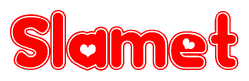 The image displays the word Slamet written in a stylized red font with hearts inside the letters.