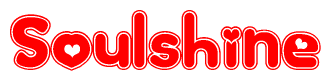 The image is a red and white graphic with the word Soulshine written in a decorative script. Each letter in  is contained within its own outlined bubble-like shape. Inside each letter, there is a white heart symbol.