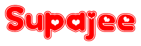 The image is a red and white graphic with the word Supajee written in a decorative script. Each letter in  is contained within its own outlined bubble-like shape. Inside each letter, there is a white heart symbol.