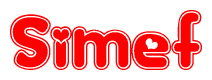 The image is a red and white graphic with the word Simef written in a decorative script. Each letter in  is contained within its own outlined bubble-like shape. Inside each letter, there is a white heart symbol.