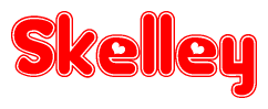The image is a red and white graphic with the word Skelley written in a decorative script. Each letter in  is contained within its own outlined bubble-like shape. Inside each letter, there is a white heart symbol.