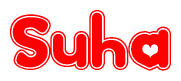 The image is a clipart featuring the word Suha written in a stylized font with a heart shape replacing inserted into the center of each letter. The color scheme of the text and hearts is red with a light outline.