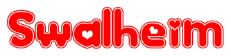 The image is a clipart featuring the word Swalheim written in a stylized font with a heart shape replacing inserted into the center of each letter. The color scheme of the text and hearts is red with a light outline.