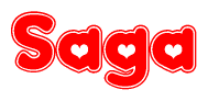 The image displays the word Saga written in a stylized red font with hearts inside the letters.