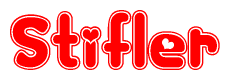 The image is a red and white graphic with the word Stifler written in a decorative script. Each letter in  is contained within its own outlined bubble-like shape. Inside each letter, there is a white heart symbol.