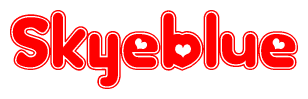 The image is a red and white graphic with the word Skyeblue written in a decorative script. Each letter in  is contained within its own outlined bubble-like shape. Inside each letter, there is a white heart symbol.
